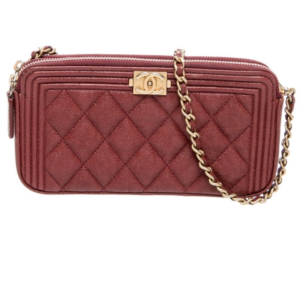 Chanel Boy double zip clutch wallet on a chain WOC Quilted Caviar rare Burg/Gold